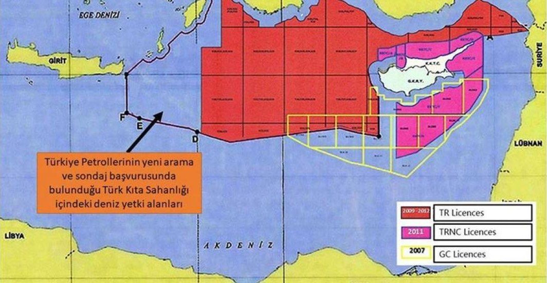 Карта МИД Турции с обозначением спорных районов разведки углеводородов